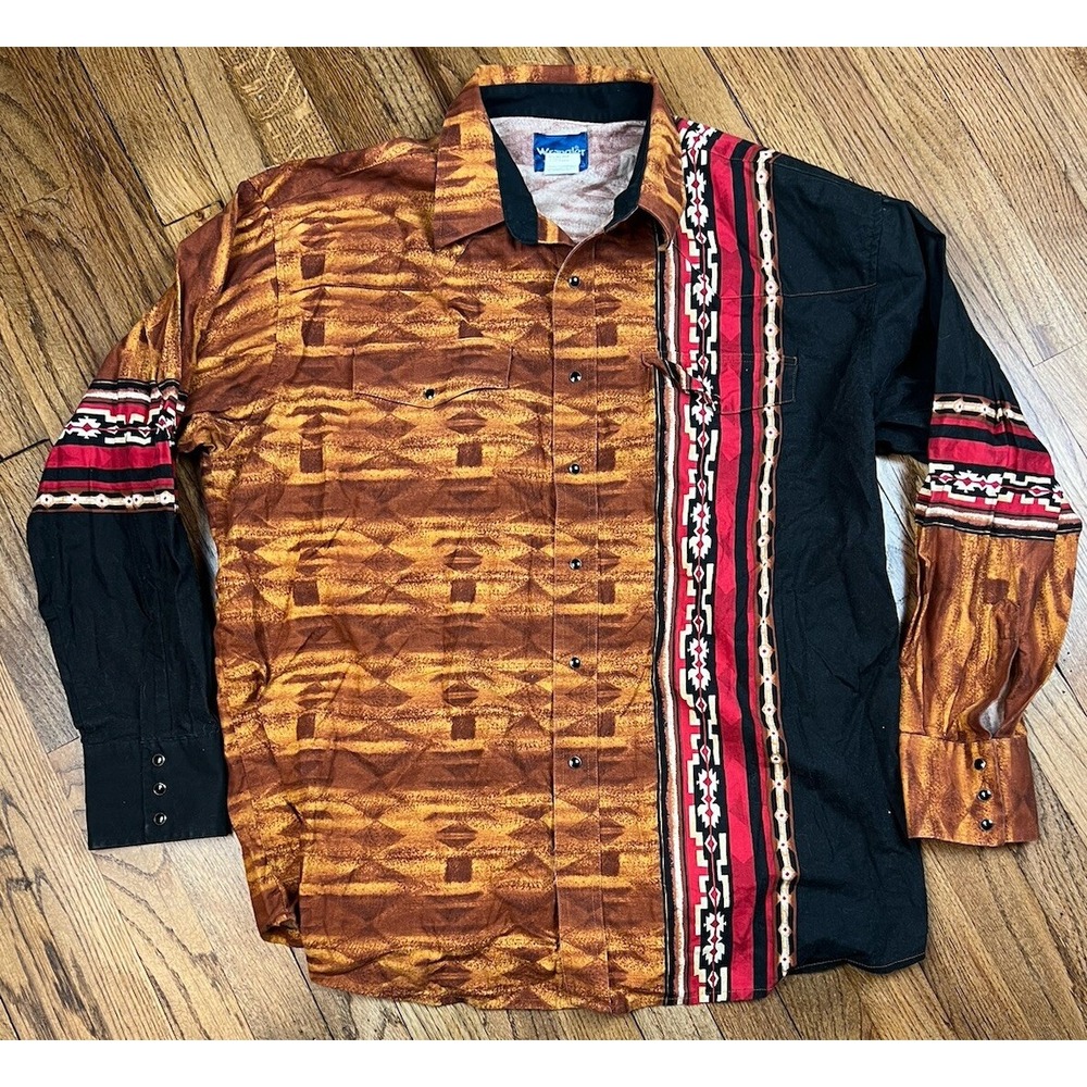 Wrangler Pearl Snap Aztec Shirt Long Sleeve Western Rodeo Vintage Sz 2XL
